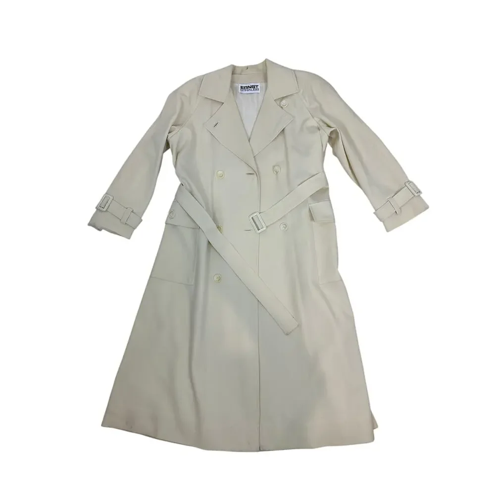 Vintage Ernst Strauss Women's Cream Color Trench Coat Jacket 100% Wool Size 6